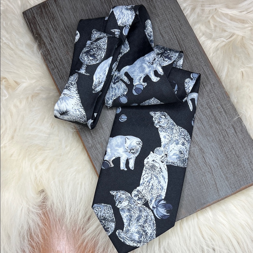 Black Dino Romaro handmade Tie with white Cat Print
